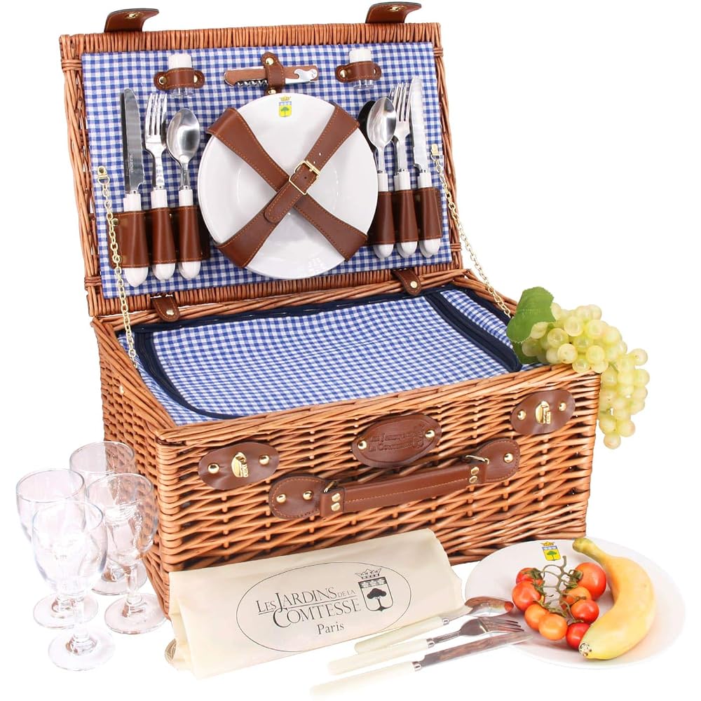 Les Jardins de la Comtesse Marly Blue Gingham Fabric Picnic Basket Set, Complete 4 Person Kit with Insulated Cooler Compartment
