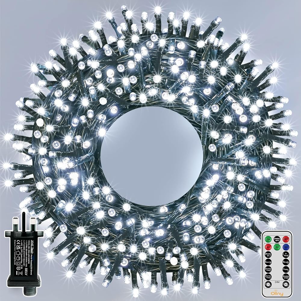 Ollny 20m 200 LED Outdoor Fairy Lights Mains Powered, Cool White Waterproof String Light with Plug/Remote/Modes/Timer