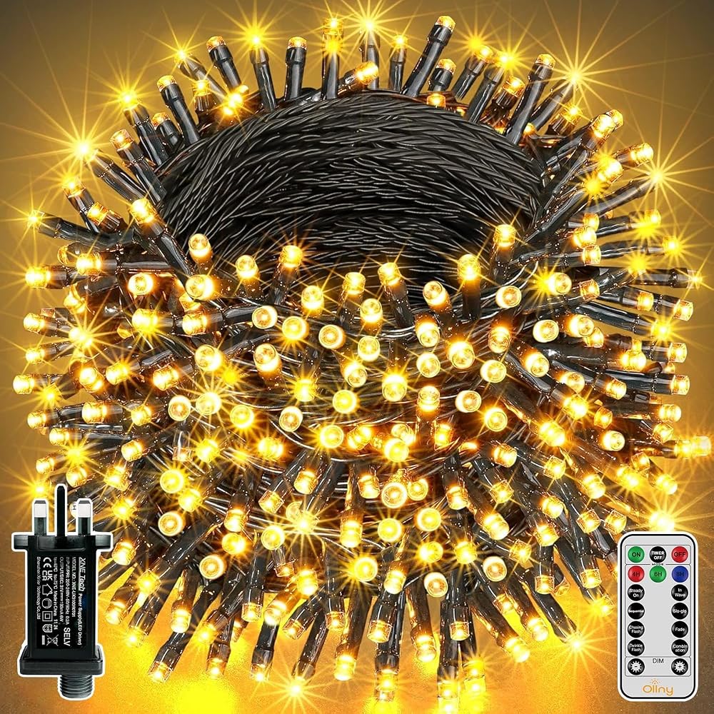 Ollny Christmas Tree Lights Outdoor, 20m 200 LED Fairy Lights Mains Powered, Warm White Waterproof String Light with Plug/Remote/Modes/Timer