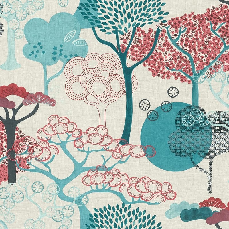 Rasch Tapeten 539950 Non-Woven Wallpaper with Trees in Red, Petrol and Grey on Cream White Background and Light Structure 10.05 m x 53 cm