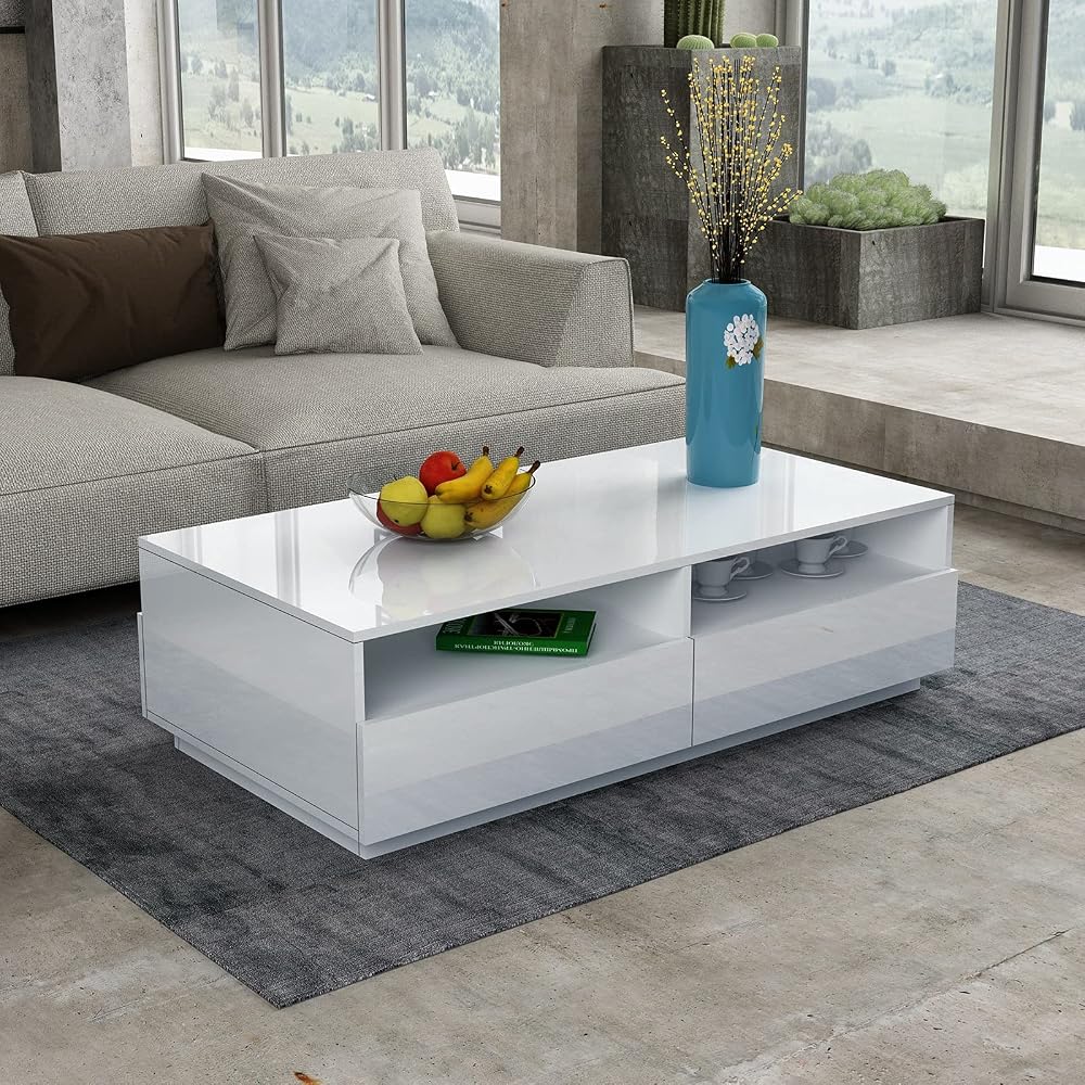 AWOOOD White Gloss Coffee Table with 4 Drawers Storage