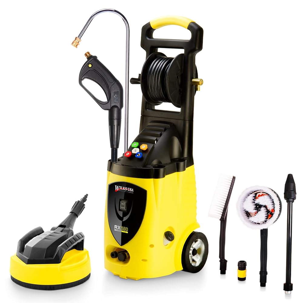Wilks-USA RX550i Electric Pressure Washer, 3800 PSI, with Patio Cleaner, Rotary Brush and 26m Extension Hose