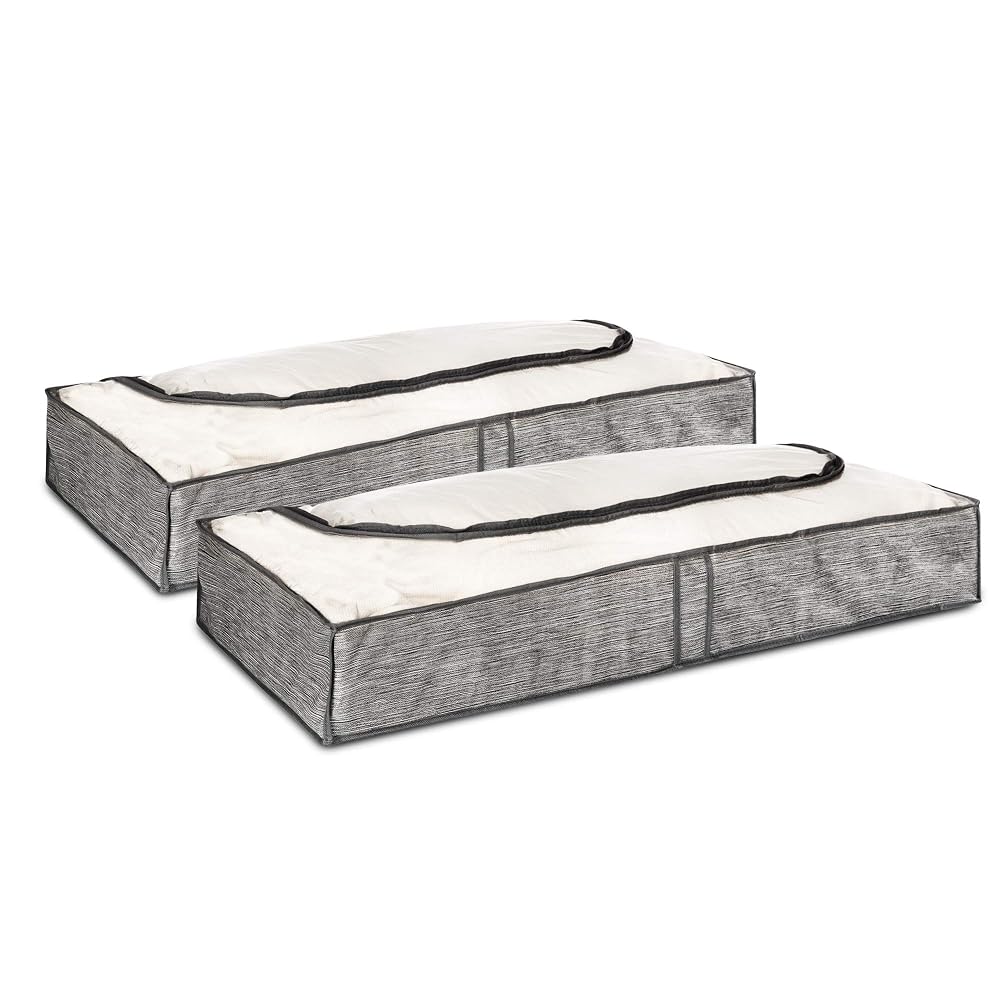 LIVIVO 2 Pack Grey Linen Printed Zipped Underbed Storage Bag Organiser with Clear Window