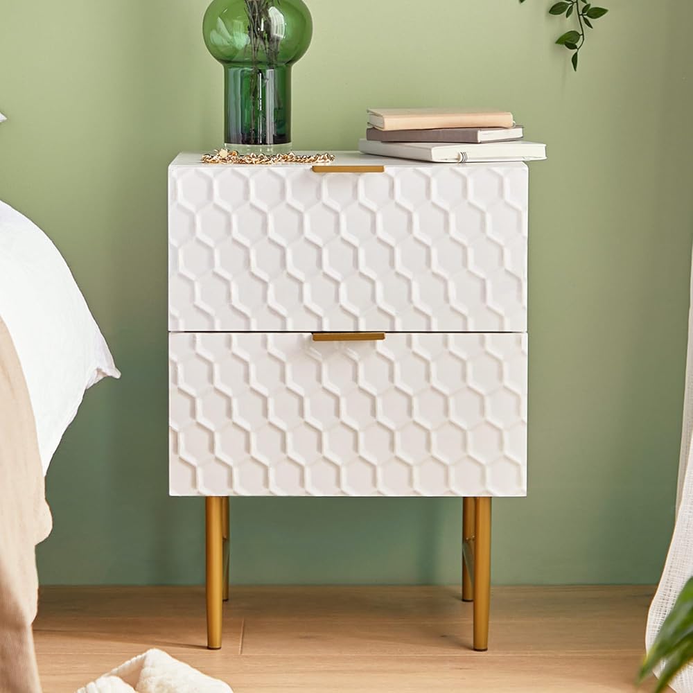 BTFY White Bedside Table - 2 Drawer Nightstand with Honeycomb Design