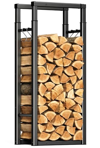 VOUNOT® Log Store Firewood Storage Rack with 9 Adjustable Size, Metal Wood Holder Heavy Duty Retractable Log Stand for Indoor and Outdoor Firewood Storage, Black