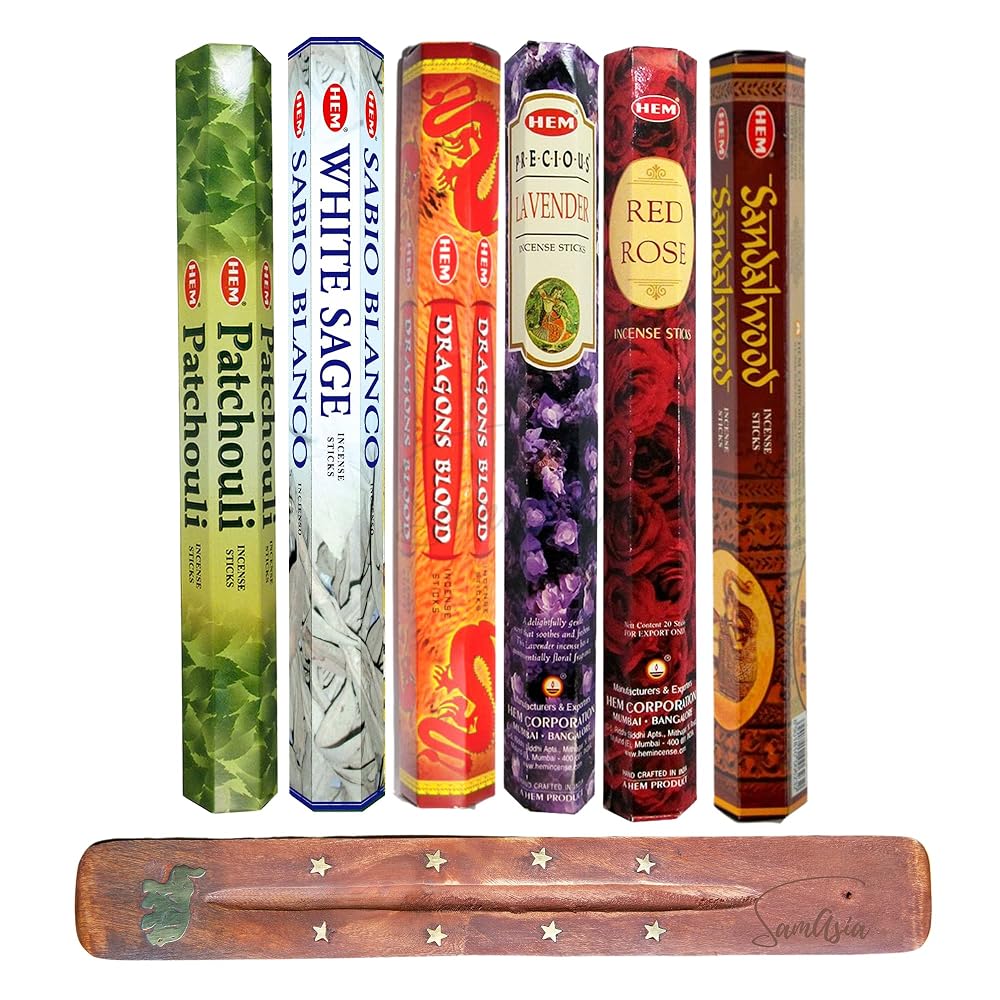 HEM Incense Sticks | 6 Unique and Premium Flavours - Sandalwood, Red Rose, Lavender, Dragons Blood, White Sage, Patchouli | with SAMASIA Incense Holder
