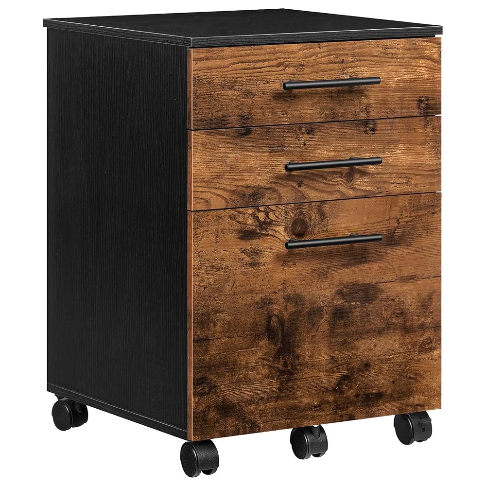 HOOBRO 3-Drawer Filing Cabinet, Rolling File Cabinet, Office Drawer for Home Office, for A4 Documents, Hanging Files, Mobile Pedestal on 5 Wheels, Rustic Brown and Black
