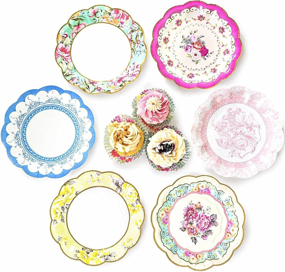 Talking Tables Pack of 24 Vintage Floral Paper Plates with Scalloped Edge, Truly Scrumptious Disposable Tableware, 17.5cm
