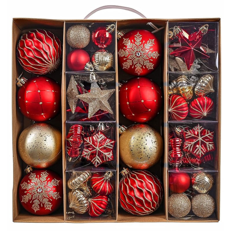 Valery Madelyn 60pcs 3-8cm Shatterproof Baubles, Luxury Red and Gold Ball Ornaments for Christmas Tree Decorations