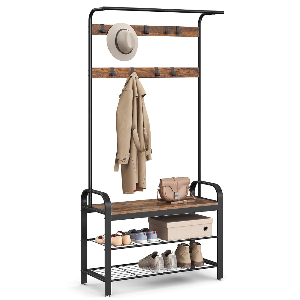 VASAGLE Coat Rack, Coat Stand with Shoe Storage Bench, 4-in-1 Design, with 9 Removable Hooks and a Clothes Rail, Rustic Brown and Black