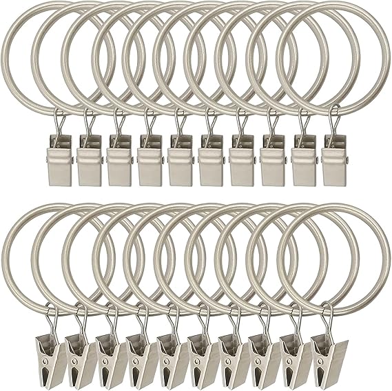 30 Pack RingsCurtain Clips Strong Metal Decorative Drapery Window Curtain Ring with Clip Rustproof Vintage Compatible with up to 1 inch Drapery Rod Black (Silver)