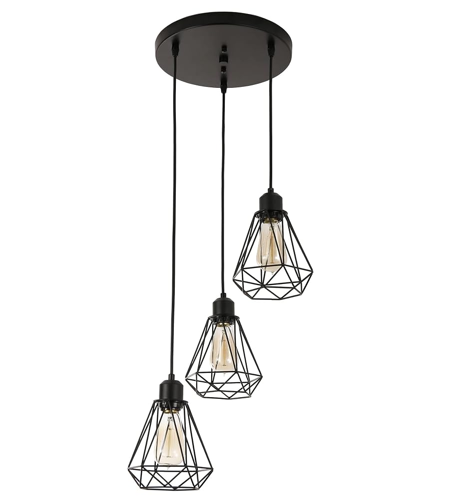 Timi Home Industrial 3-Light Pendant Flush Mount Ceiling Light Fixture with Black Metal Cage Shade