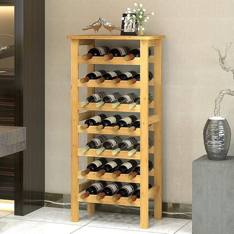 Dripex Bamboo Wine Rack, 27 Bottles Floor Free Standing Wine Organiser, Tall 7-Tier with Table Top