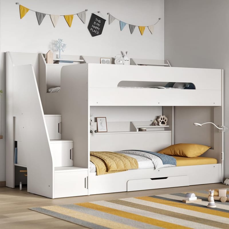 Flair Furnishings Double Bunk Beds for Kids, Staircase Bunk Bed with Storage, Heavy Duty and Sturdy, Cosy, Stylish, Space Saving Design, White