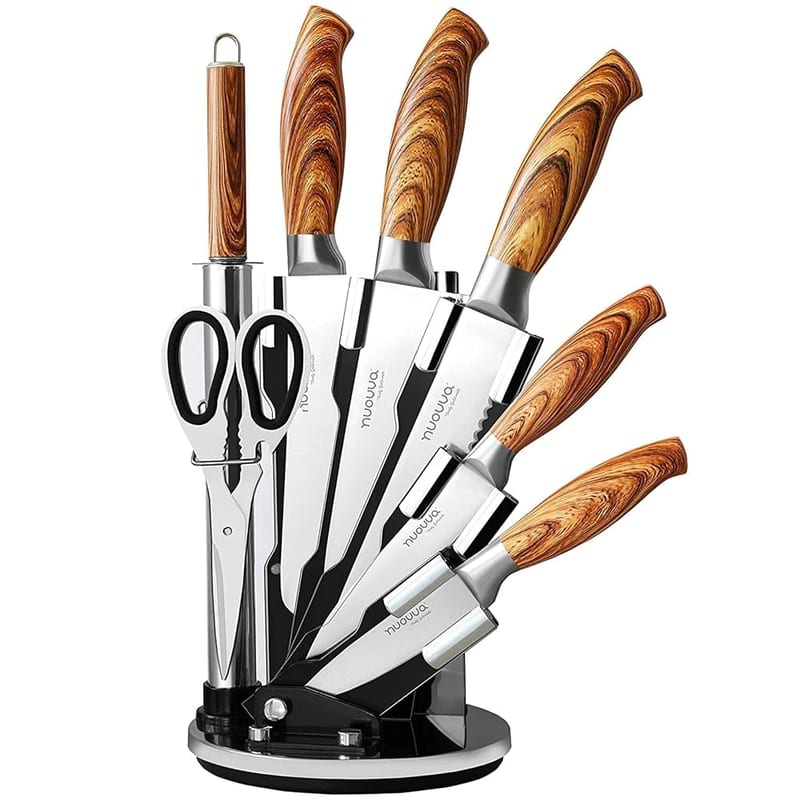 Nuovva Sharp Kitchen Knife Set – 7Pcs Stainless Steel Blades with Wooden Style Handles and Rotating Acrylic Block