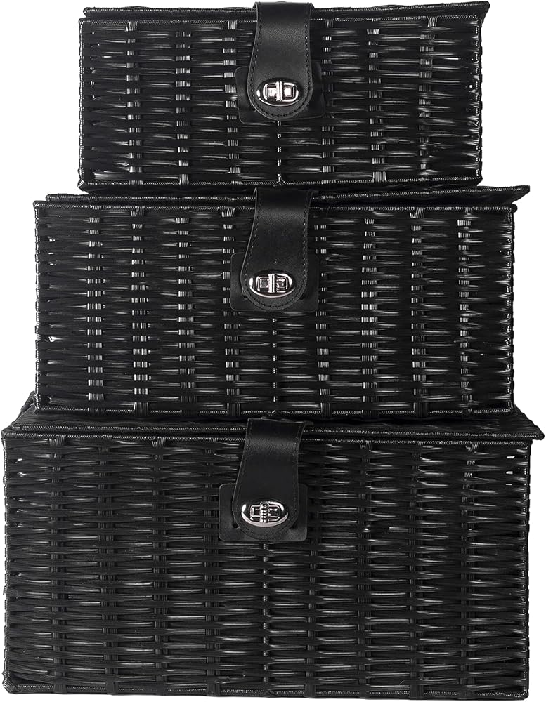 M&W Set of 3 Resin Woven Storage Basket Box with Lid & Lock, Large, Medium, Small, Black