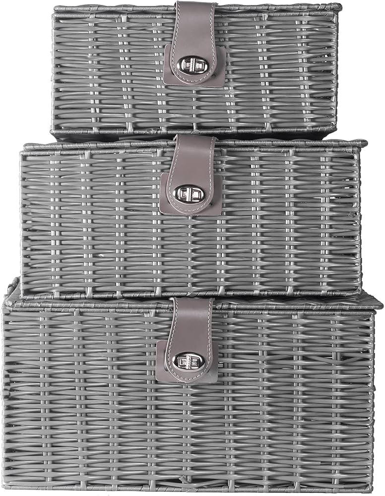 Maison & White Resin Woven Storage Baskets, Set of 3 Nesting Organisers, Grey