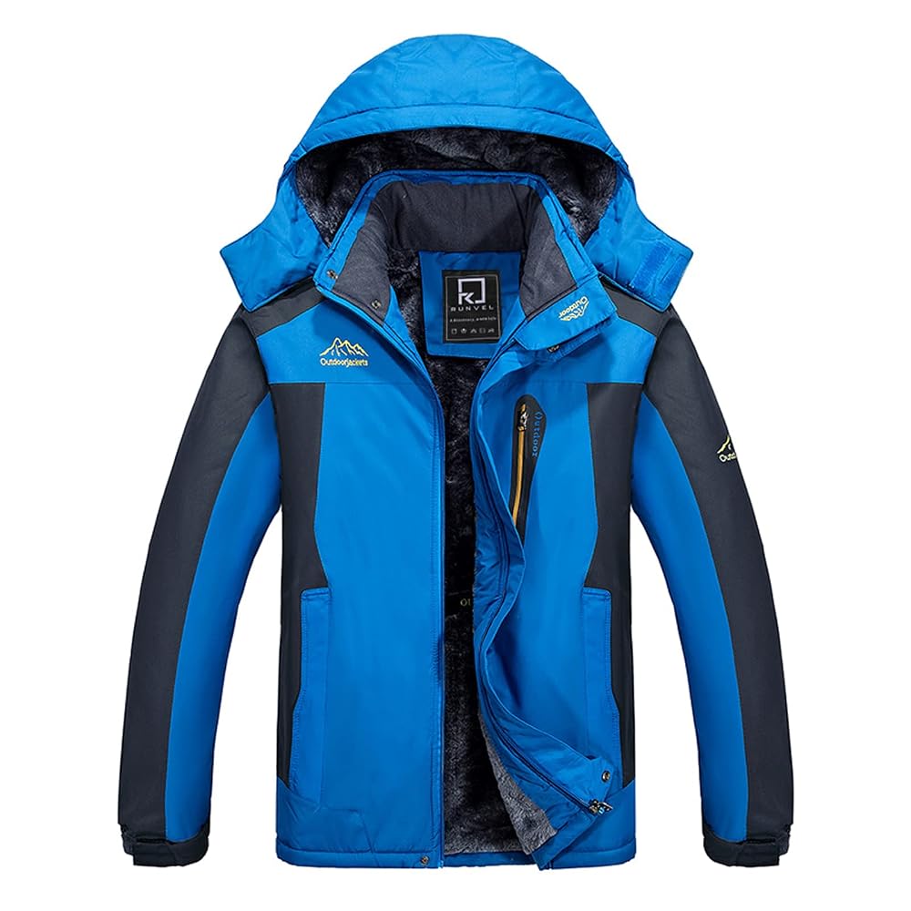 R RUNVEL Mens Waterproof Coats Winter Jacket, Fleece Hiking Ski Rain Outdoor Walking Mountain Thermal Jacket with Hood, Black