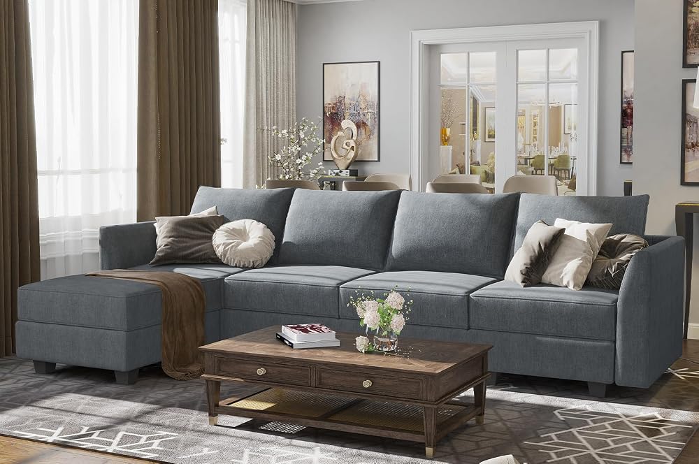 HONBAY Sectional Couch with Reversible Chaise, Modern L-Shape 4-Seat Corner Couch with Ottoman, Bluish Grey