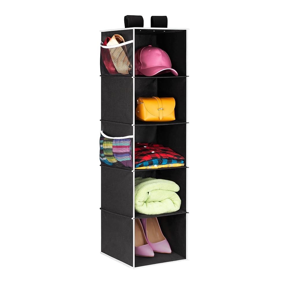 MAXPORIUM Hanging Storage Wardrobe Organiser with 5 Storage Shelves and 4 Side Mesh Pockets, Foldable, Black