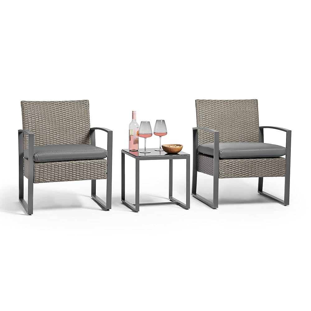 VonHaus Bistro Table & Chairs Set for 2 - Rattan Effect Garden Furniture Set