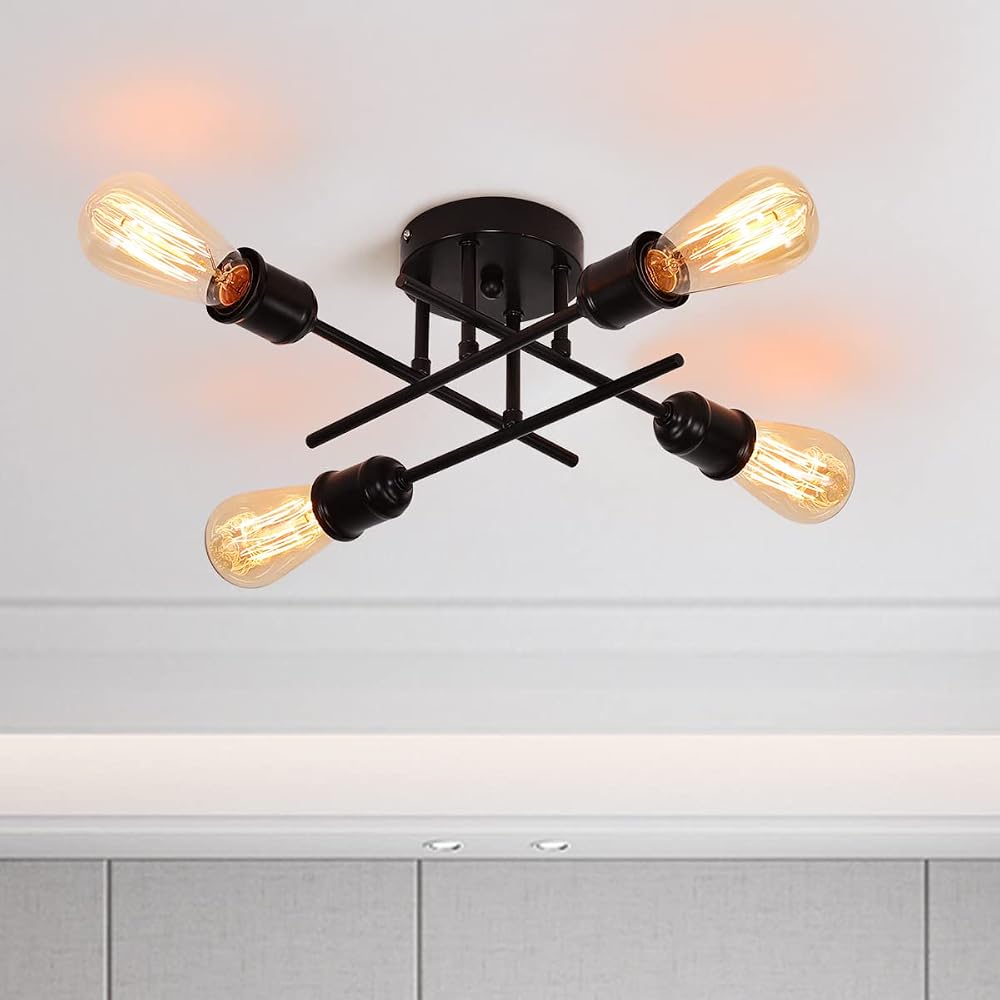 Qcyuui 4-Light Black Semi Flush Ceiling Light, E27 Sputnik Chandelier, 36cm Industrial Metal Fixture