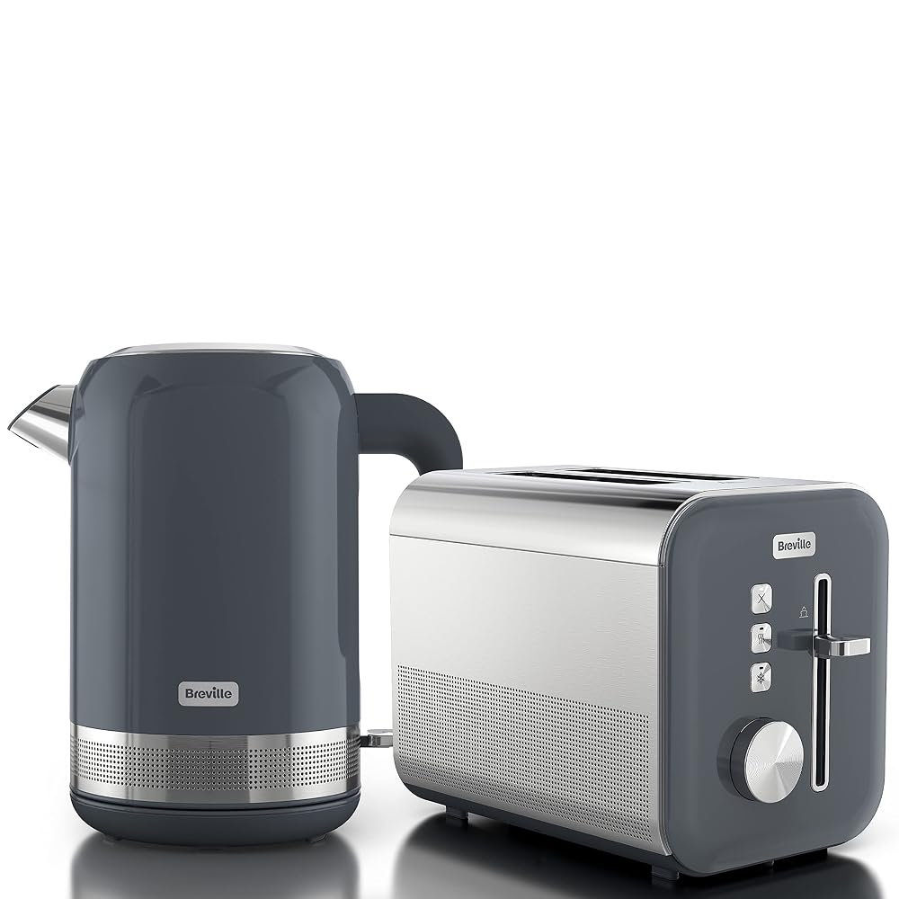 Breville Grey Kettle & Toaster Set, High Gloss Collection, 1.7L Fast-Boil 3KW Kettle and 2-Slice High-Lift Toaster