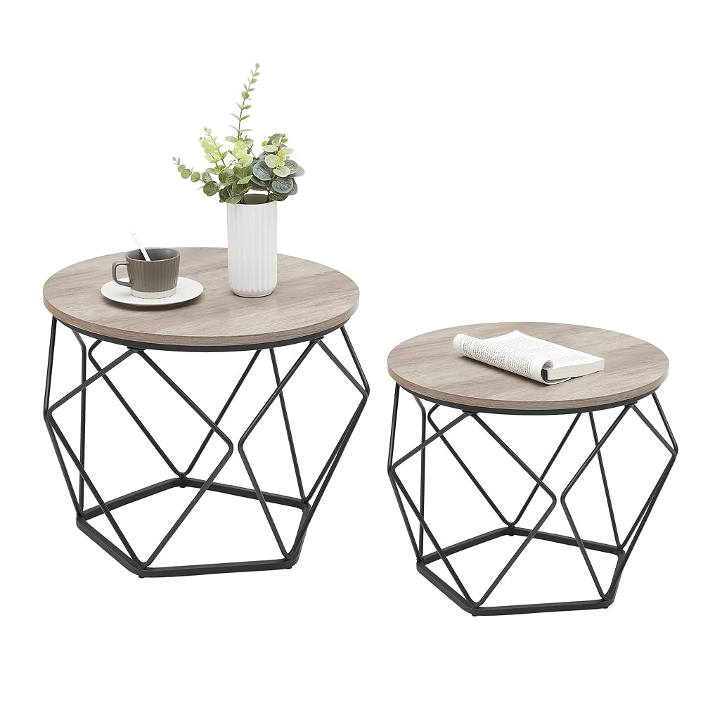 VASAGLE Round Coffee Table Set of 2 with Removable Tray, Industrial Style, Grey-Beige and Black