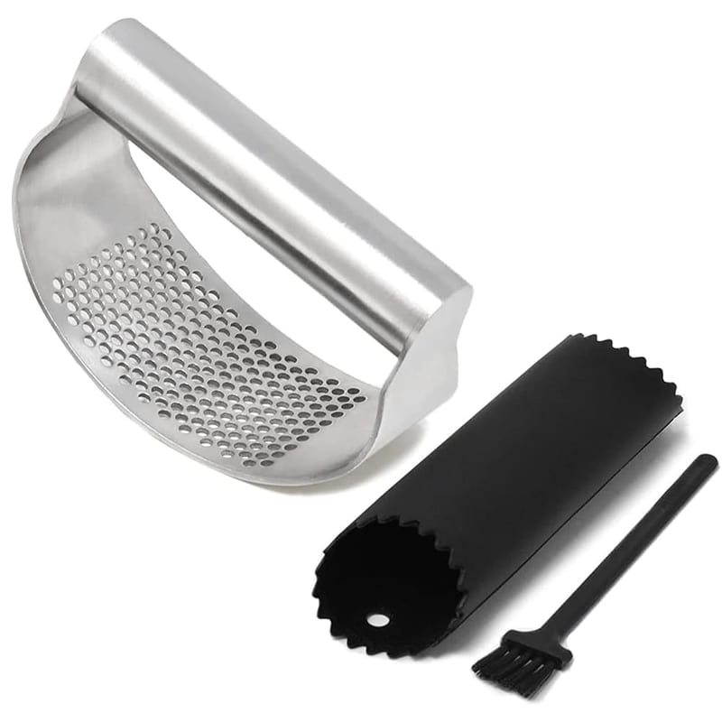Joeji's Kitchen Garlic Press Rocker Crusher - Stainless Steel - Mince Garlic Ginger and More Effortlessly, Incl. Peeler Tube and Cleaning Brush
