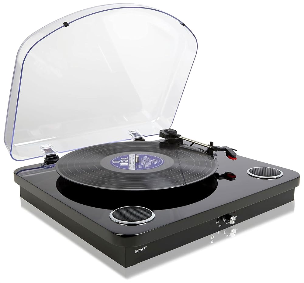 Denver Vinyl Record Player Turntable - Bluetooth, Record to MP3 (No PC Required) USB or SD Card, Built-In Stereo Speakers, VPL-210, Gloss Black
