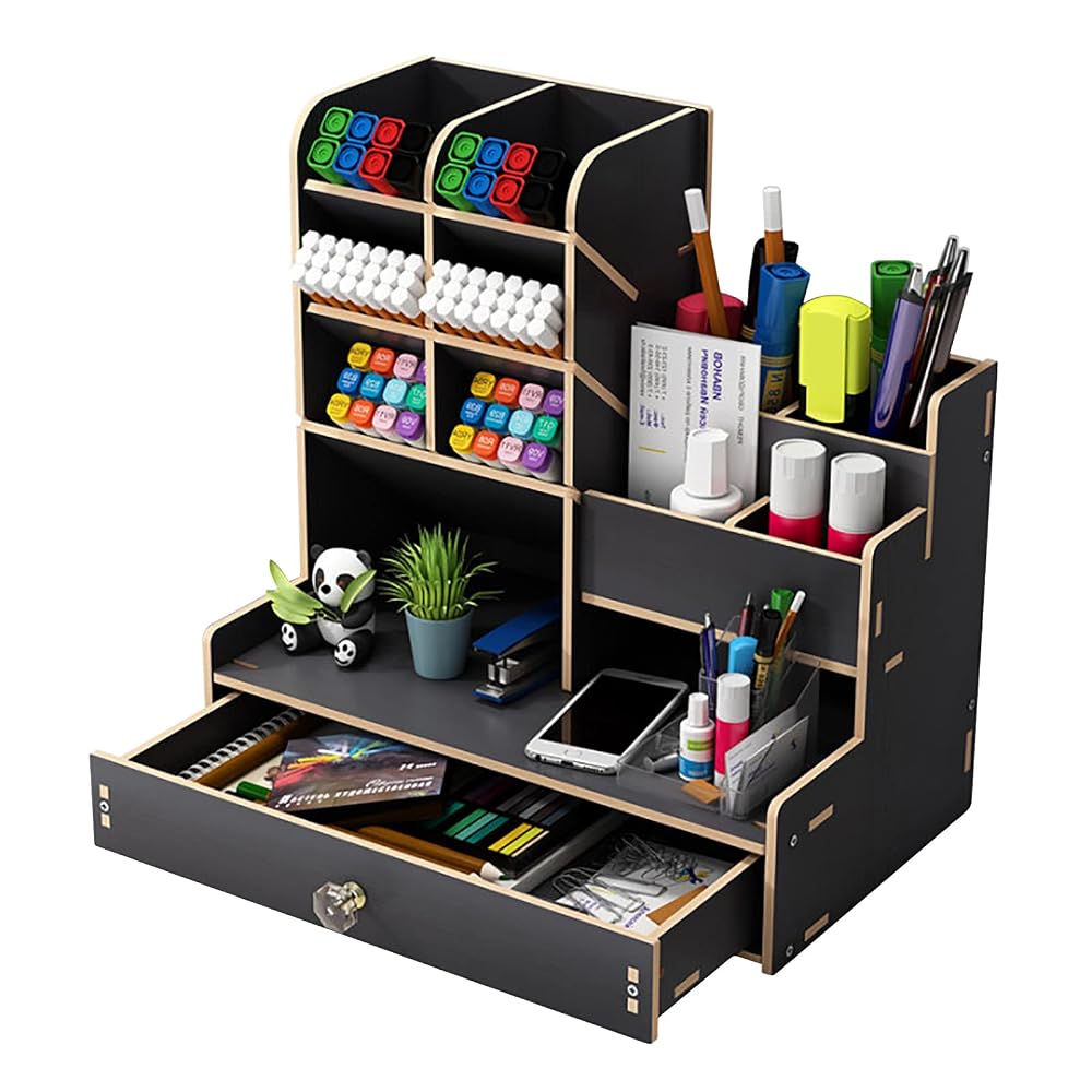 Hggzeg Wooden Desk Organiser DIY Desktop Tidy Pen Holder, Large Capacity Stationery Storage Box with Drawer, Black