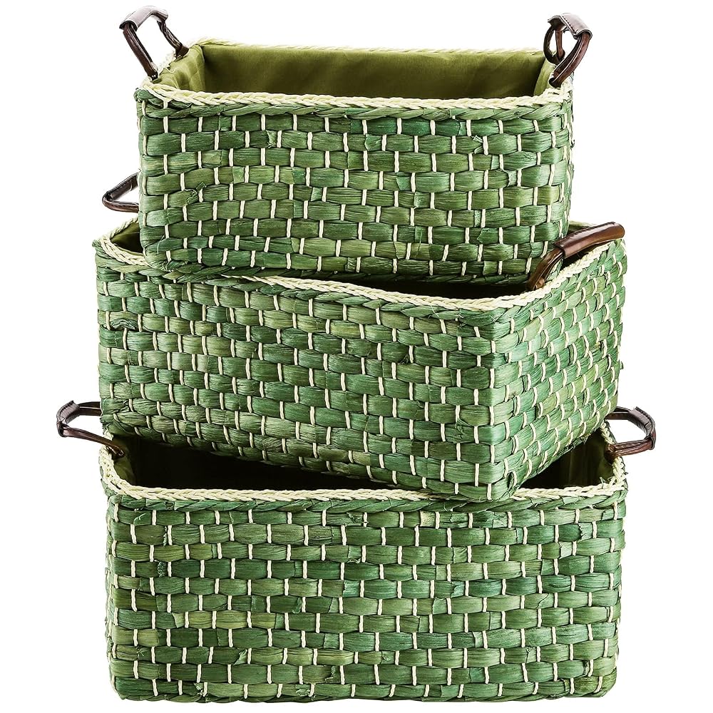Peohud Set of 3 Woven Storage Baskets, Maize Straw Organizer Bins with Handle, Green