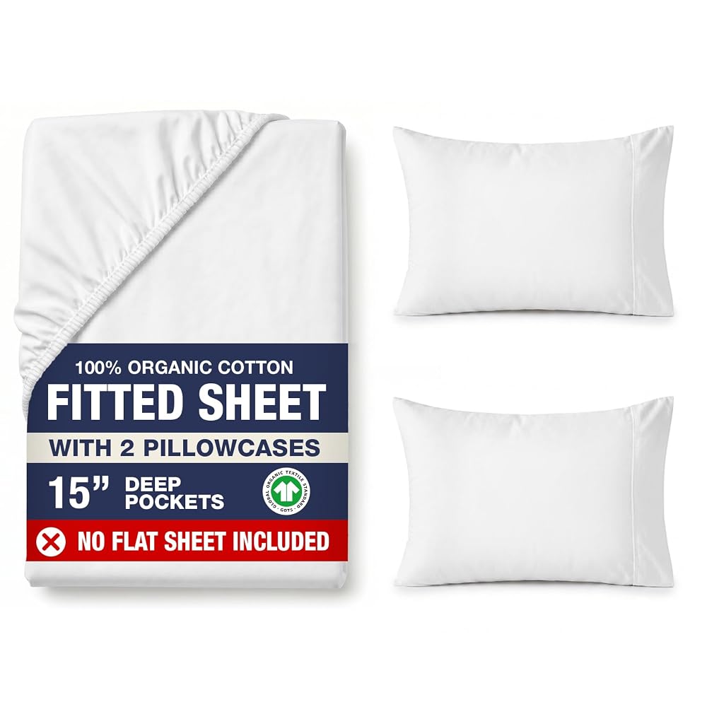 LANE LINEN Fitted Sheet Double, 100% Organic Cotton, Deep Pocket Bed Sheet