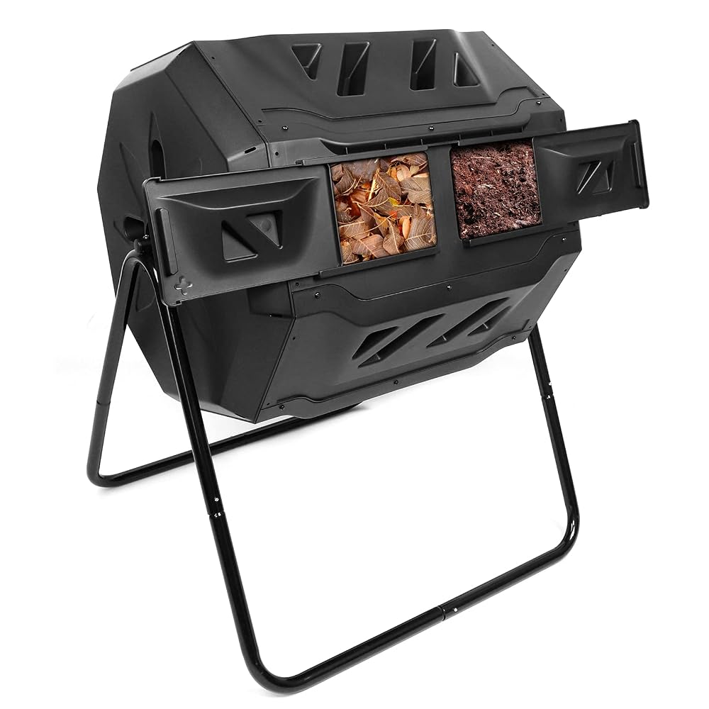 Dripex Tumbling Compost Bin 160L Dual Chamber Rotating Composter Outdoor | Garden Compost Bin, BPA Free, Create Fertile Soil, Aerating Solid Frame, Black