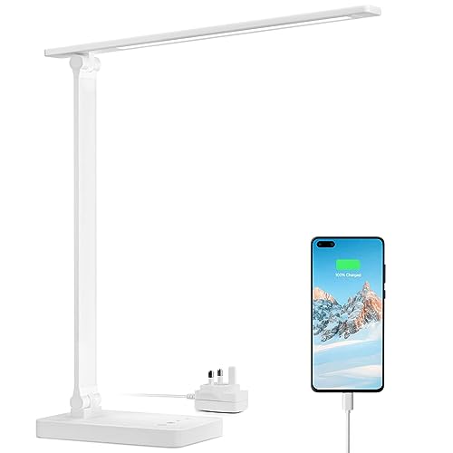 Lepro LED Desk Lamp with Power Adapter, 655lm, USB Charging Port, 5 Brightness Levels x 3 Colour Modes, Touch Control