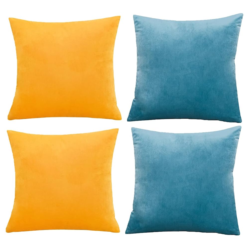 Cushion Covers 50x50 Set of 4 Velvet Cushions Covers, Decorative for Sofa Square Cushion Cover, Yellow + Deep Sea Blue