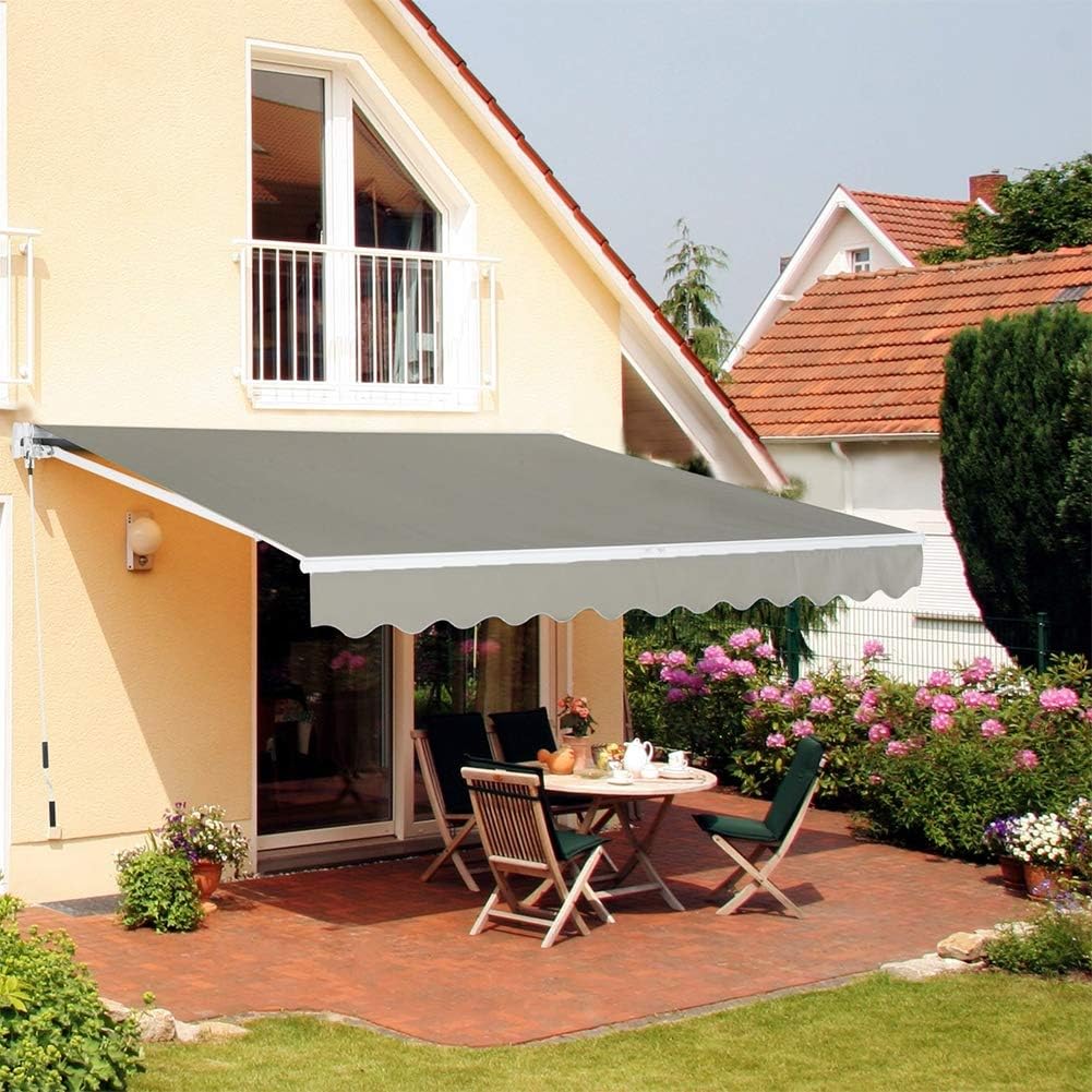 The Fellie Garden Awning Patio Retractable Manual Awning Canopy Sun Shade Shelter with Winding Handle (L3.5m x W3m, Grey)