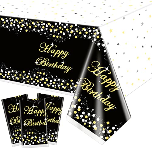 3 Pack Black and Gold Tablecloth Party Decorations — Plastic Disposable Birthday Tablecloth, Black and Gold Dot Star Confetti Rectangle Table Cover