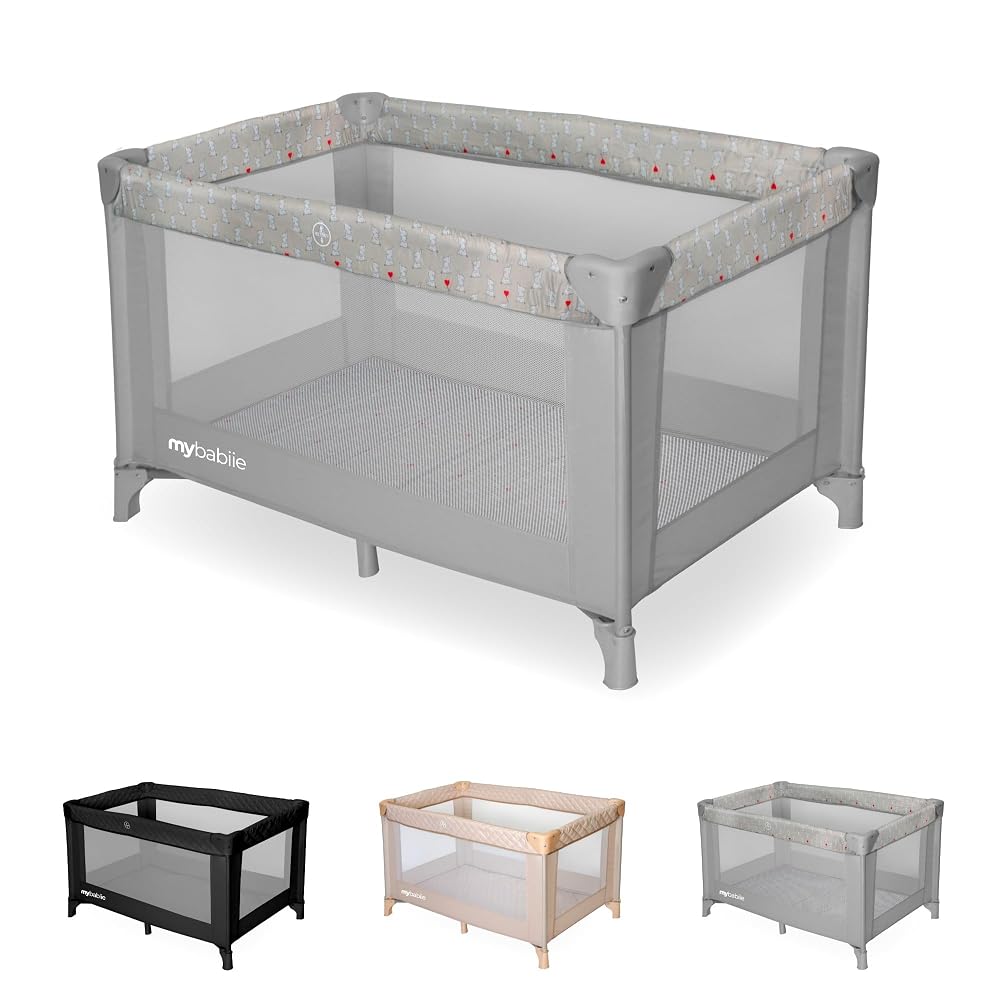 My Babiie Lightweight Travel Cot with Carry Bag, Grey Elephants