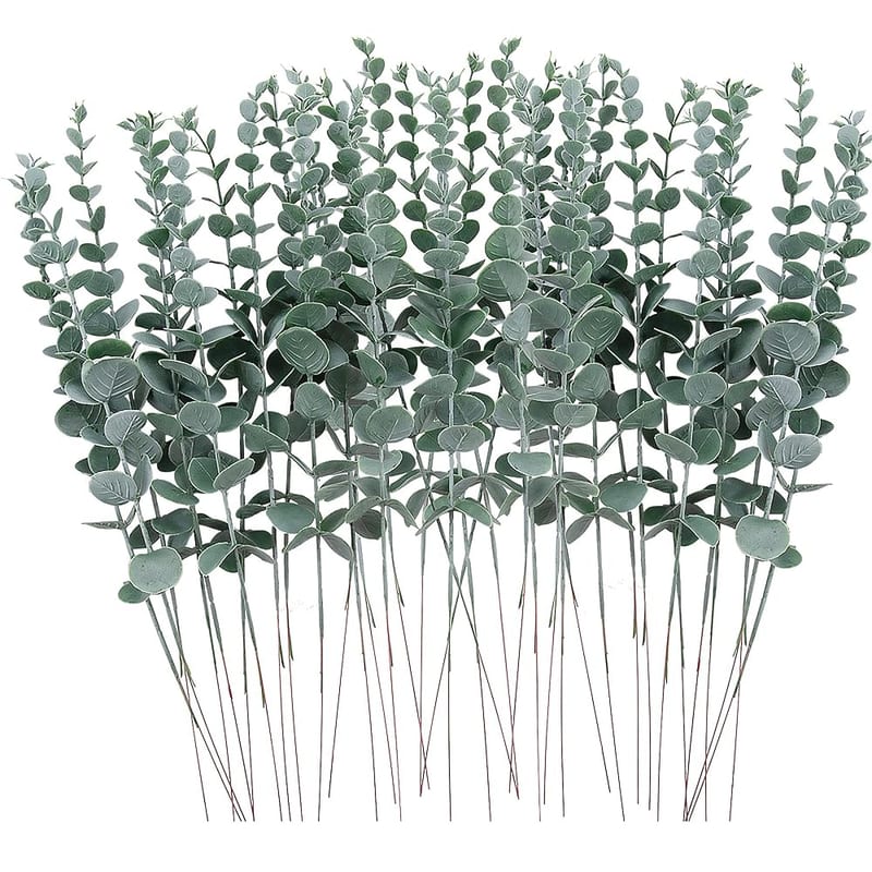 FEQO 36 Pcs Eucalyptus Stems Artificial Eucalyptus Leaves 15 Inch Faux Eucalyptuses Branches for Wedding Bouquet Home Decor, Grey Green