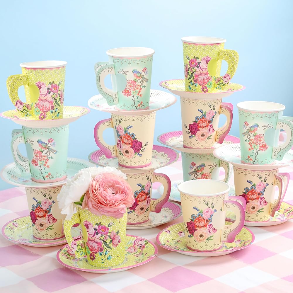Talking Tables Pack of 24 Vintage Floral Cup & Saucer Afternoon Tea Set, Disposable Tableware for Birthday or Garden Party