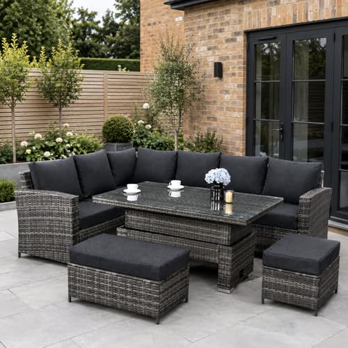 9 Seater Rattan Garden Furniture Set with Height Adjustable Rising Table - Outdoor Furniture Rattan Corner Sofa - Garden Patio Sets - FREE COVER INCLUDED (Dark Grey Mixed with Dark Grey Cushions)