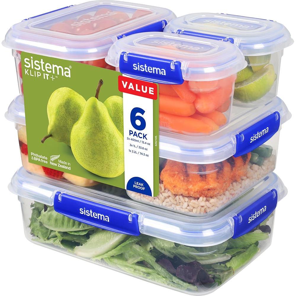 Sistema KLIP IT PLUS Leakproof Food Storage Containers, 2.2L, 1L & 400ml, 6 Count