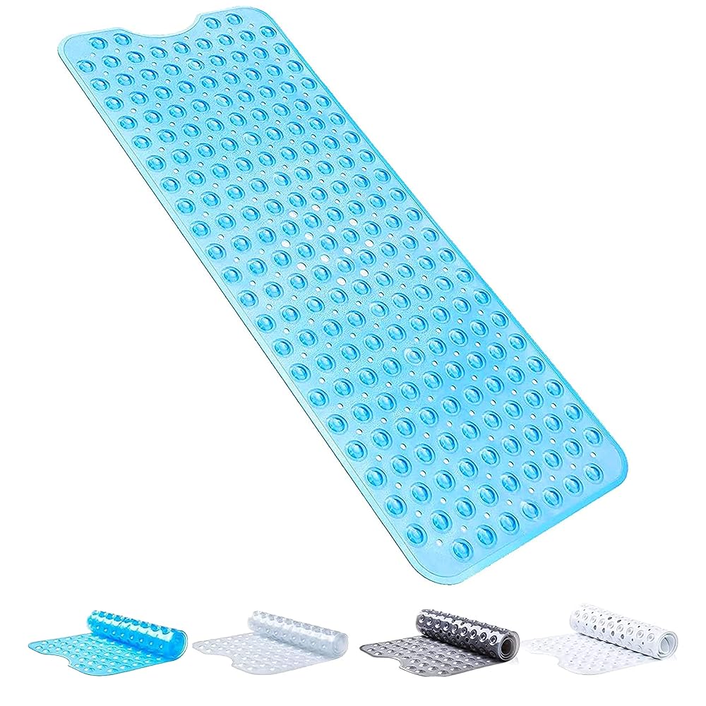 SOFTANA Non Slip Bath Mat with 200 Suction Cups, Anti Mould, PVC, 30% Extra Long, 40 x 100cm, Transparent Blue