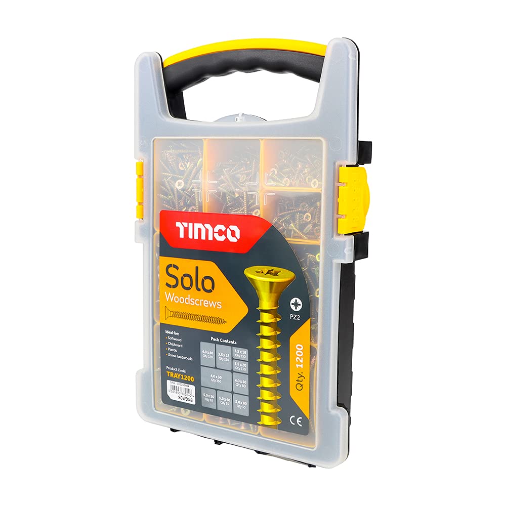 TIMCO Solo Woodscrews Mixed Tray - Ideal for Timber and Manmade Board Applications - Gold Mixed Size Screws - 1200 Pieces
