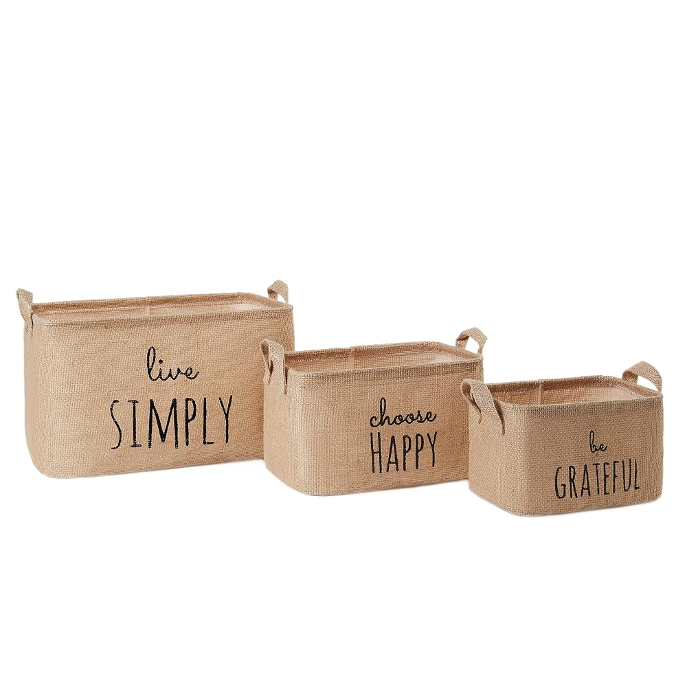 Ocean Home Textile Natural Jute Foldable Storage Baskets with Handles, Set of 3 (Small, Medium, Large)