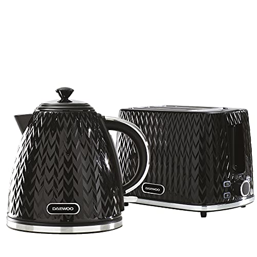 Daewoo Argyle 1.7 Litre Fast Boil Jug Kettle and 2 Slice Toaster Kitchen Matching Set with Concealed Heating Element, Removable Limescale Filter, Easy Clean, Black