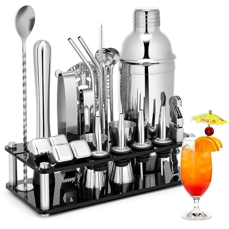 KINGROW Cocktail Making Kit, 23 Piece Stainless Steel Bartender Kit with Acrylic Stand & Recipe Booklet