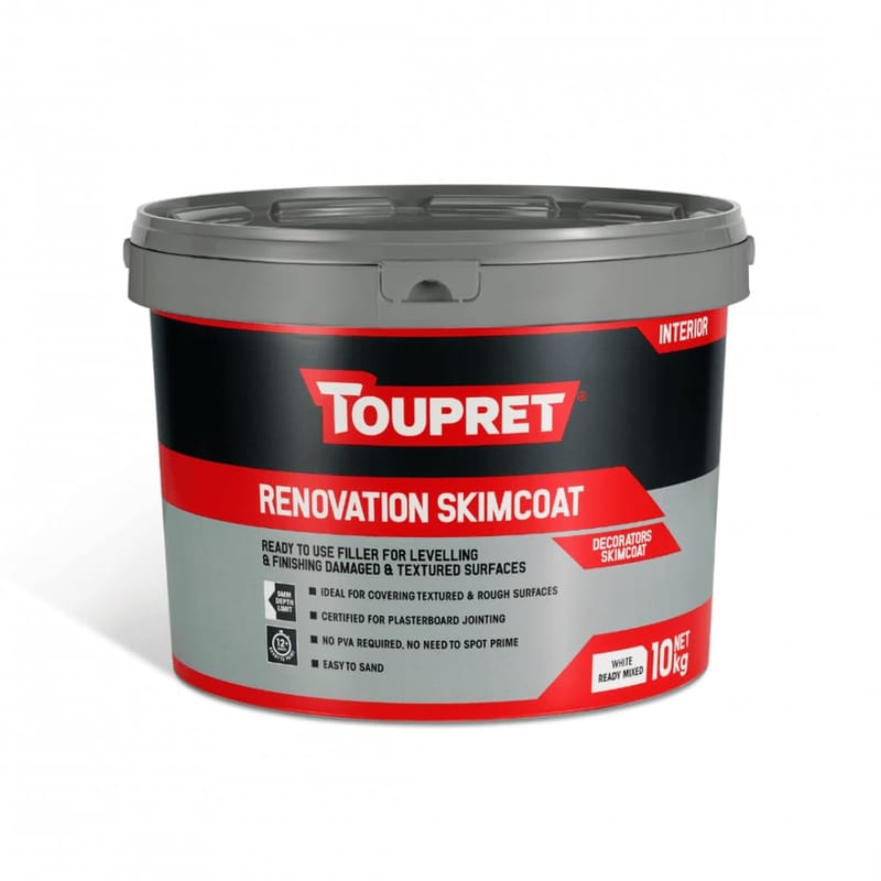 Toupret Renovation Skimcoat Filler - Interior Wall & Ceiling Smoothing Compound - Ultra-Fine Skim for Renovation & Repair - Ready Mixed, High Coverage, Easy Sand, No Shrink - Paint Ready - 10kg