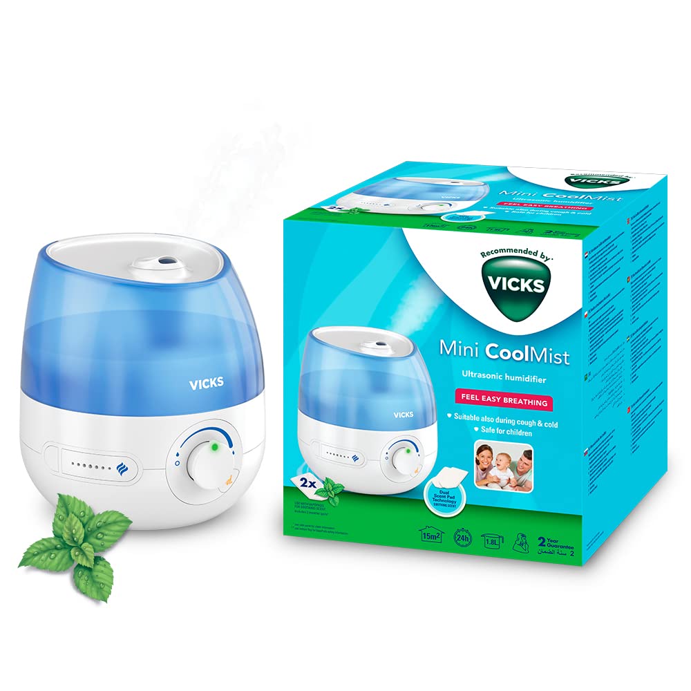 Vicks Mini Cool Mist Ultrasonic Humidifier VUL525, 1.6L Tank, Rooms up to 15m²